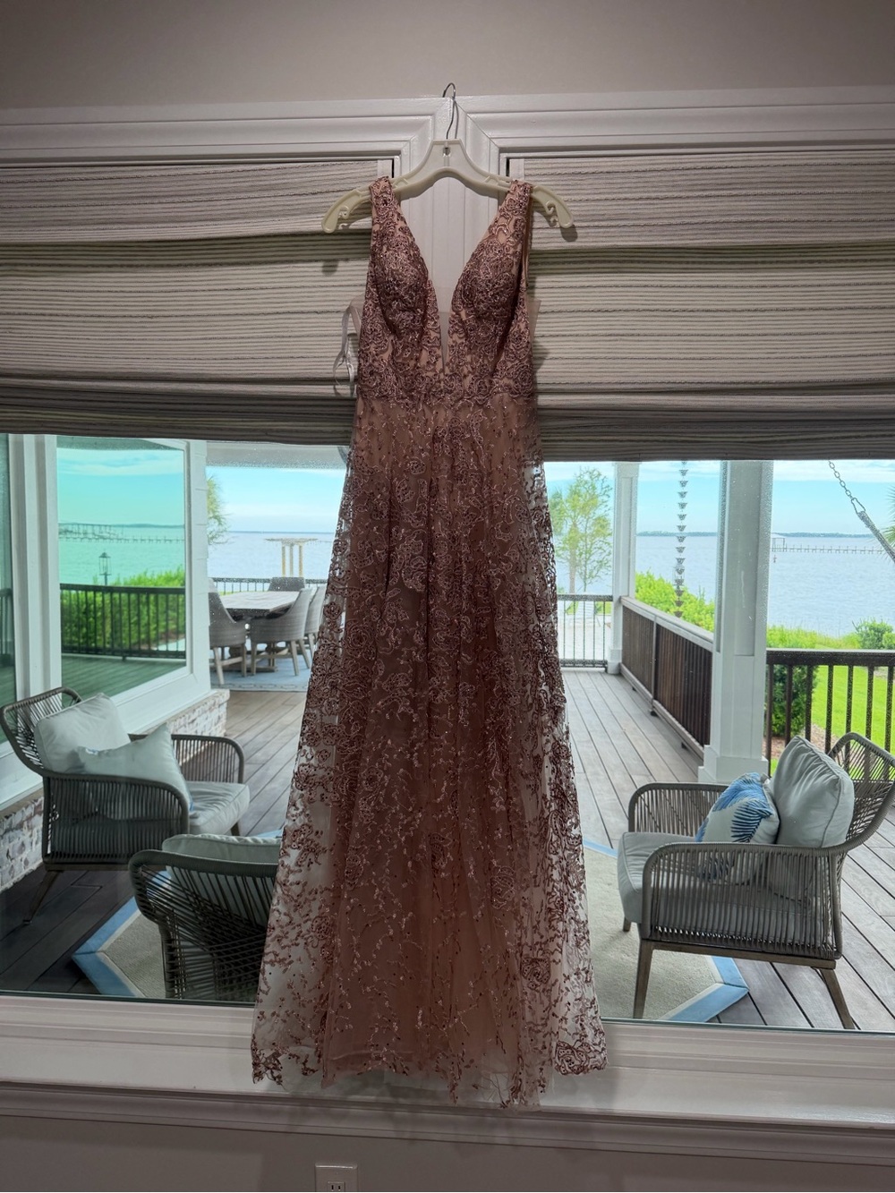 Sherri Hill Dusty Rose Plunging Lace A-Line Gown